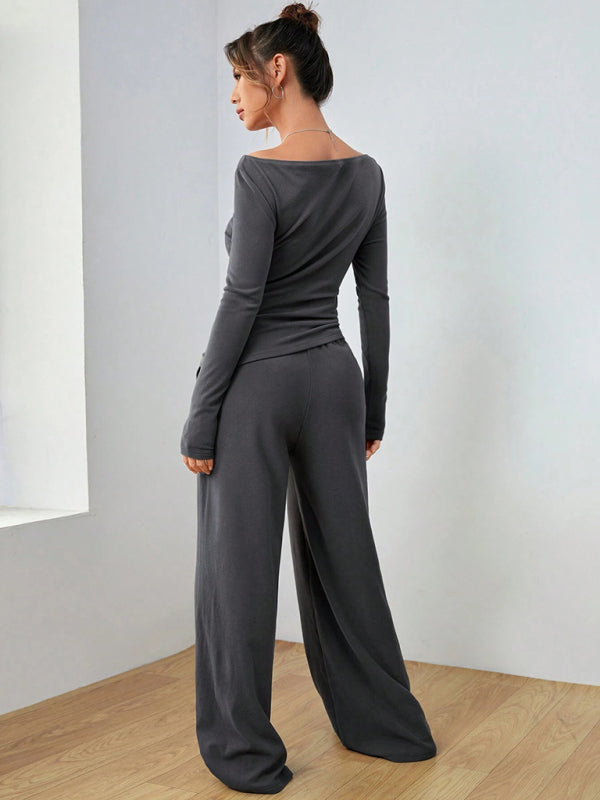 Solid Color Long-sleeved Casual Wide-leg Trousers Two-piece Set-[Adult]-[Female]-2022 Online Blue Zone Planet