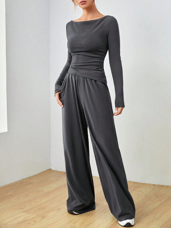 Solid Color Long-sleeved Casual Wide-leg Trousers Two-piece Set-[Adult]-[Female]-2022 Online Blue Zone Planet