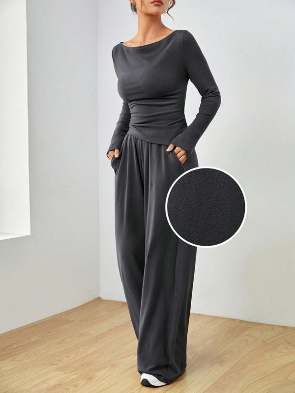 Solid Color Long-sleeved Casual Wide-leg Trousers Two-piece Set-[Adult]-[Female]-2022 Online Blue Zone Planet