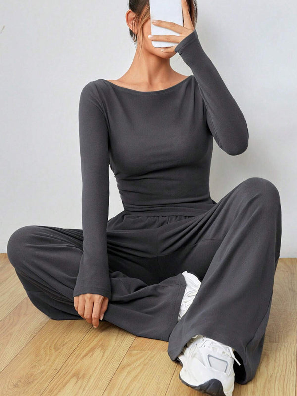 Solid Color Long-sleeved Casual Wide-leg Trousers Two-piece Set-[Adult]-[Female]-Grey-S-2022 Online Blue Zone Planet