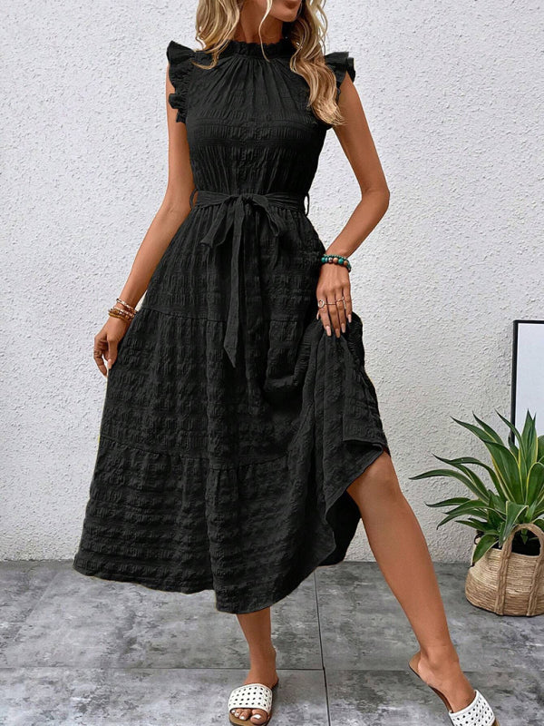 Ruffled Flying Sleeve Lace-up Textured Midi Dress-[Adult]-[Female]-2022 Online Blue Zone Planet