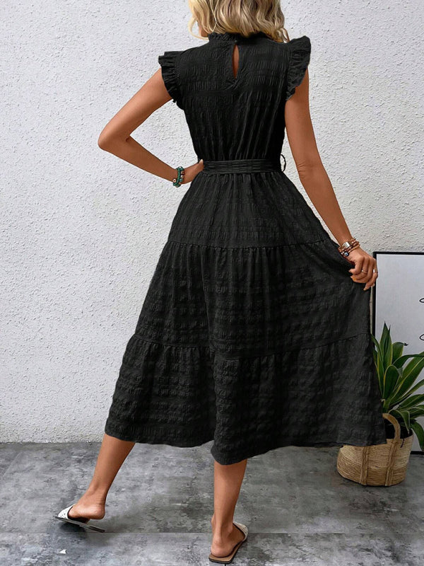 Ruffled Flying Sleeve Lace-up Textured Midi Dress-[Adult]-[Female]-2022 Online Blue Zone Planet