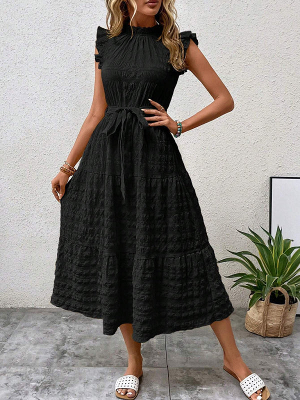 Ruffled Flying Sleeve Lace-up Textured Midi Dress-[Adult]-[Female]-Green black jasper-S-2022 Online Blue Zone Planet