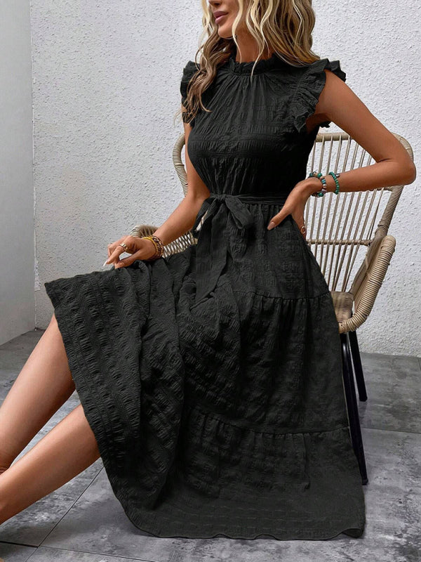 Ruffled Flying Sleeve Lace-up Textured Midi Dress-[Adult]-[Female]-2022 Online Blue Zone Planet