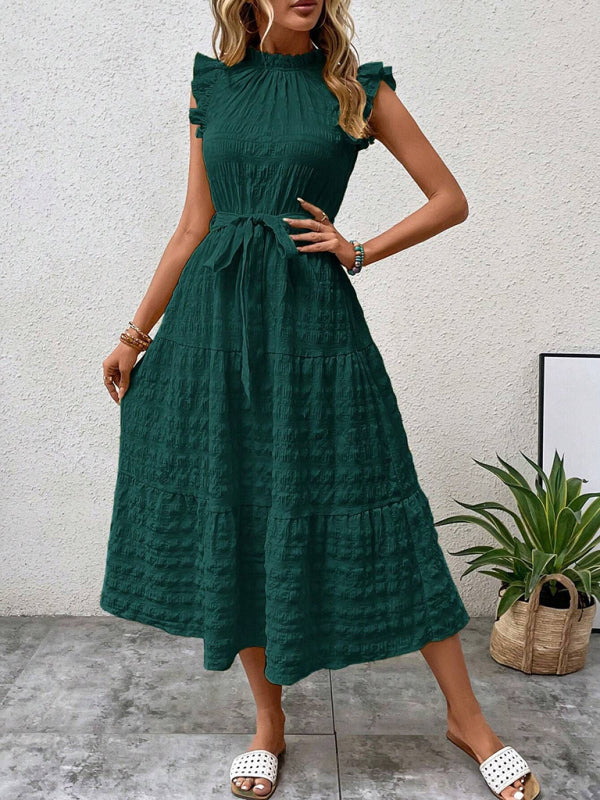 Ruffled Flying Sleeve Lace-up Textured Midi Dress-[Adult]-[Female]-2022 Online Blue Zone Planet