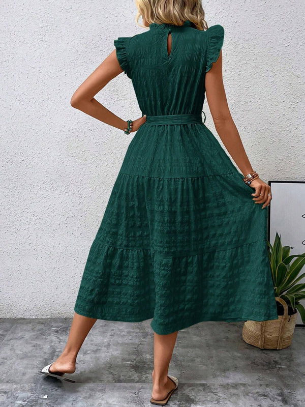 Ruffled Flying Sleeve Lace-up Textured Midi Dress-[Adult]-[Female]-2022 Online Blue Zone Planet