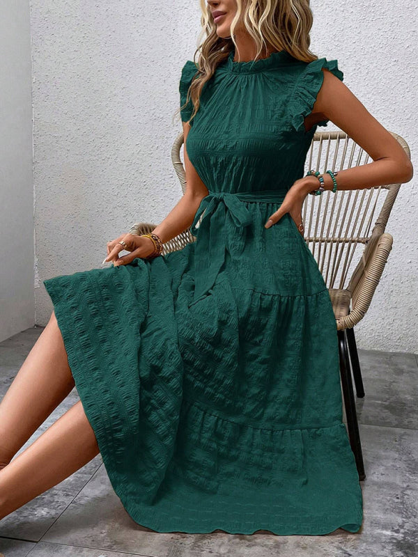 Ruffled Flying Sleeve Lace-up Textured Midi Dress-[Adult]-[Female]-2022 Online Blue Zone Planet