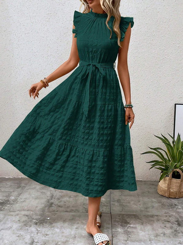 Ruffled Flying Sleeve Lace-up Textured Midi Dress-[Adult]-[Female]-2022 Online Blue Zone Planet
