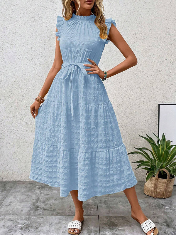 Ruffled Flying Sleeve Lace-up Textured Midi Dress-[Adult]-[Female]-2022 Online Blue Zone Planet