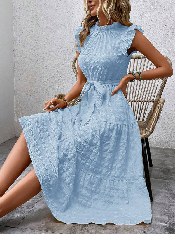 Ruffled Flying Sleeve Lace-up Textured Midi Dress-[Adult]-[Female]-2022 Online Blue Zone Planet