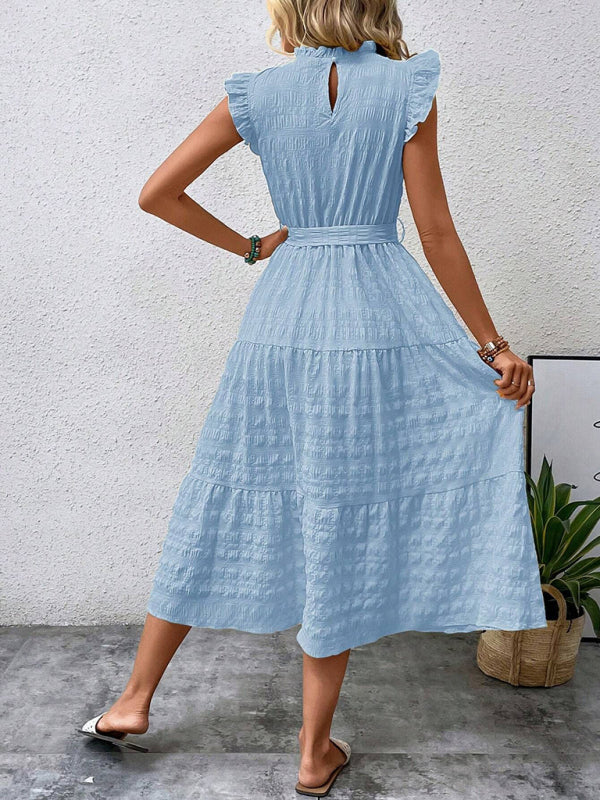Ruffled Flying Sleeve Lace-up Textured Midi Dress-[Adult]-[Female]-2022 Online Blue Zone Planet