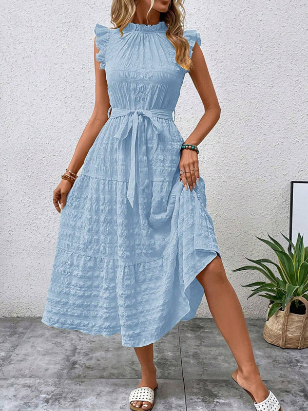 Ruffled Flying Sleeve Lace-up Textured Midi Dress-[Adult]-[Female]-Clear blue-S-2022 Online Blue Zone Planet