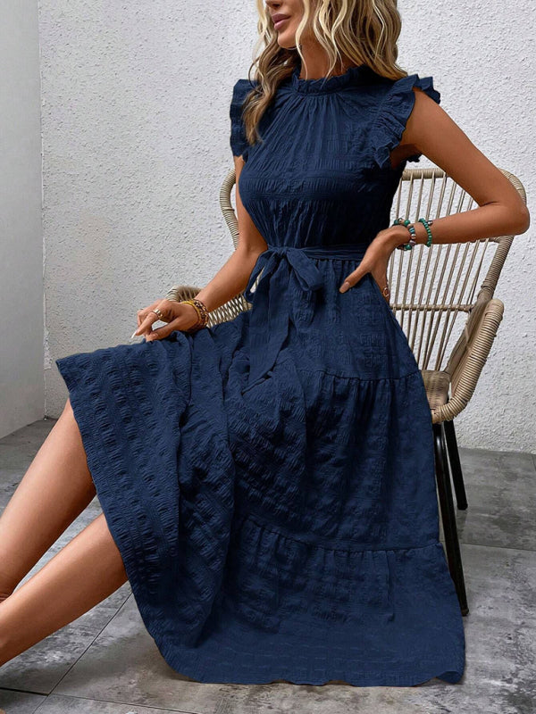 Ruffled Flying Sleeve Lace-up Textured Midi Dress-[Adult]-[Female]-2022 Online Blue Zone Planet