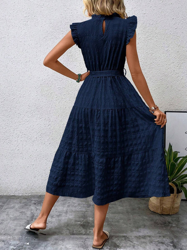 Ruffled Flying Sleeve Lace-up Textured Midi Dress-[Adult]-[Female]-2022 Online Blue Zone Planet