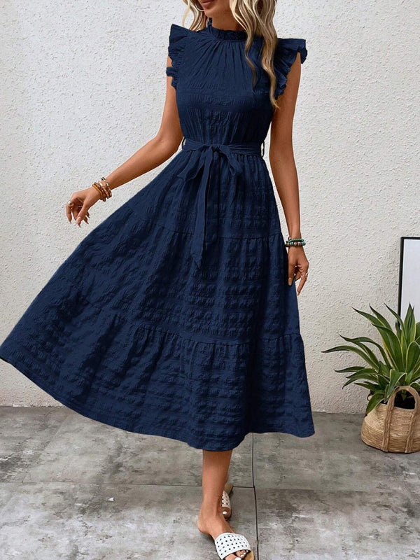 Ruffled Flying Sleeve Lace-up Textured Midi Dress-[Adult]-[Female]-2022 Online Blue Zone Planet