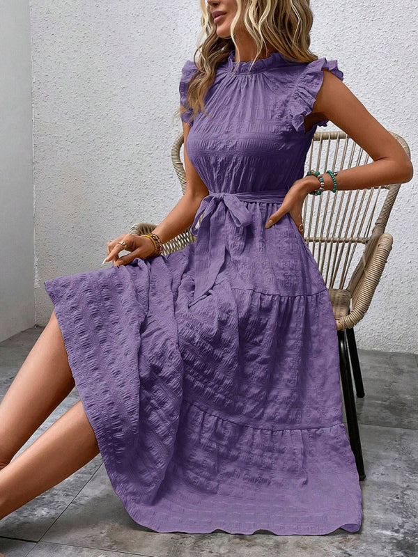 Ruffled Flying Sleeve Lace-up Textured Midi Dress-[Adult]-[Female]-2022 Online Blue Zone Planet