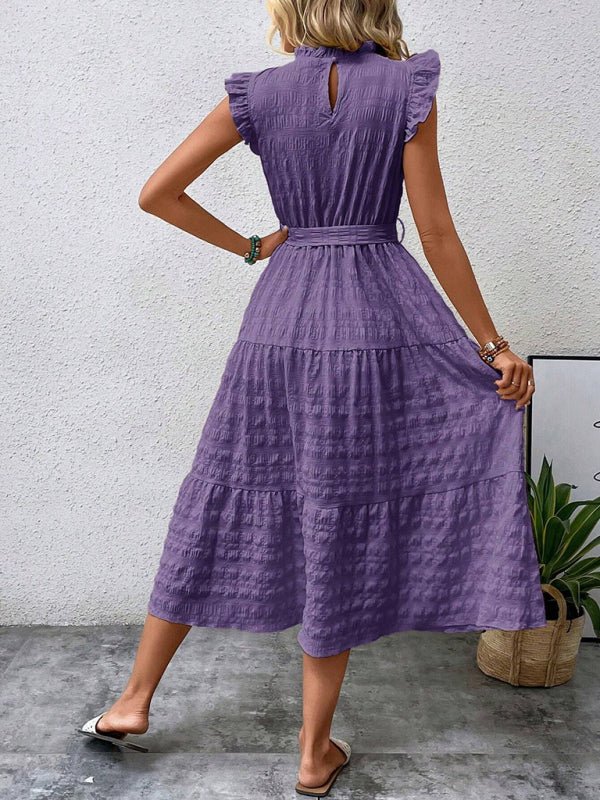Ruffled Flying Sleeve Lace-up Textured Midi Dress-[Adult]-[Female]-2022 Online Blue Zone Planet