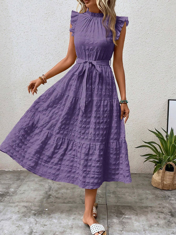 Ruffled Flying Sleeve Lace-up Textured Midi Dress-[Adult]-[Female]-2022 Online Blue Zone Planet