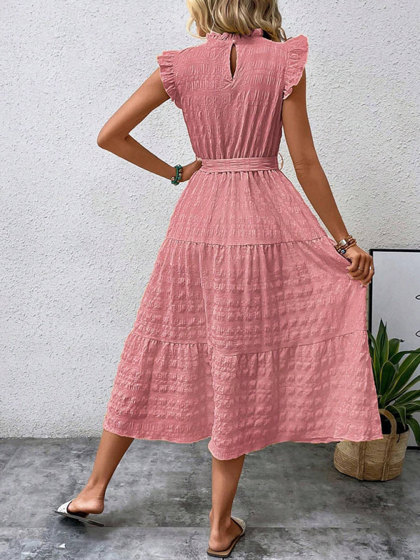Ruffled Flying Sleeve Lace-up Textured Midi Dress-[Adult]-[Female]-2022 Online Blue Zone Planet