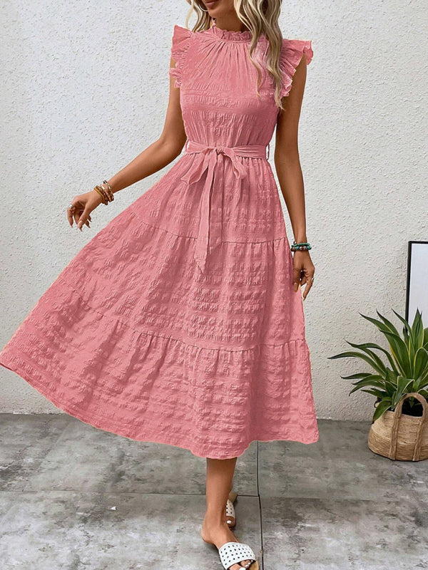 Ruffled Flying Sleeve Lace-up Textured Midi Dress-[Adult]-[Female]-2022 Online Blue Zone Planet