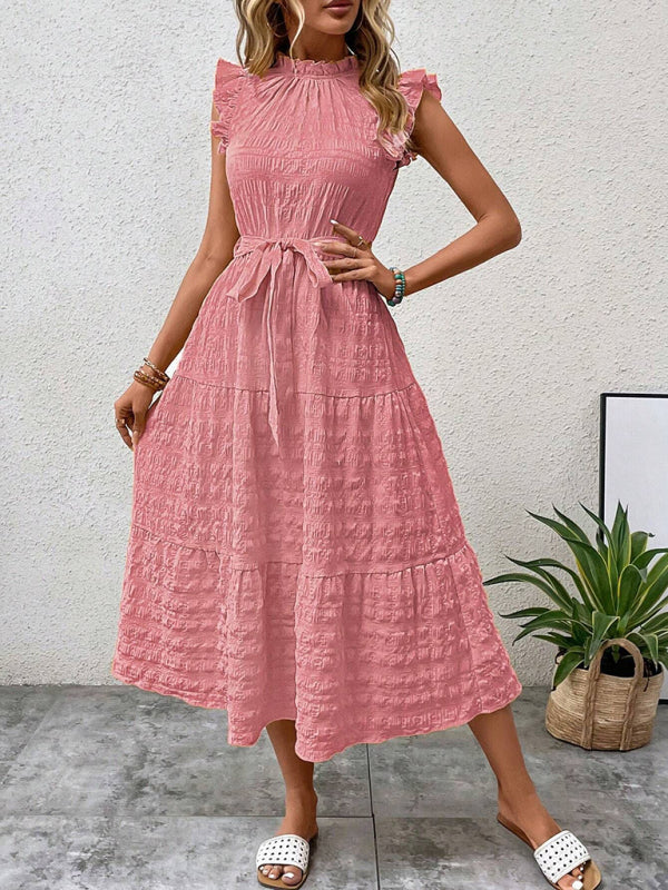 Ruffled Flying Sleeve Lace-up Textured Midi Dress-[Adult]-[Female]-2022 Online Blue Zone Planet