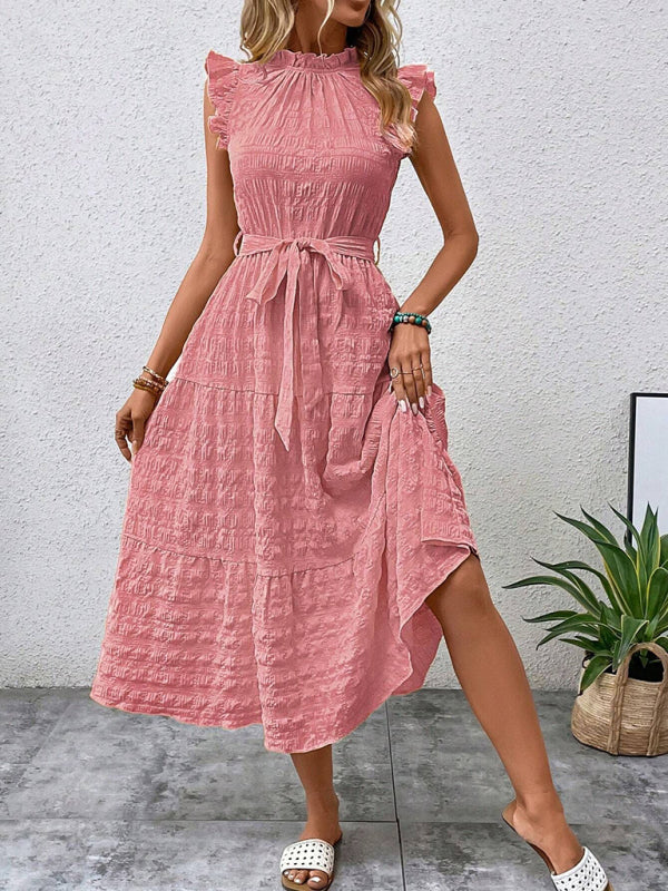 Ruffled Flying Sleeve Lace-up Textured Midi Dress-[Adult]-[Female]-Pink-S-2022 Online Blue Zone Planet