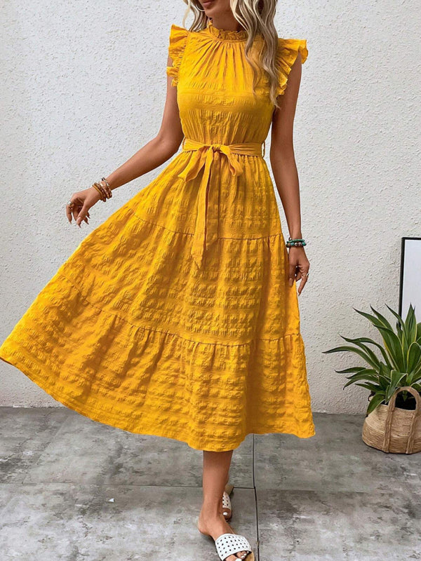Ruffled Flying Sleeve Lace-up Textured Midi Dress-[Adult]-[Female]-2022 Online Blue Zone Planet