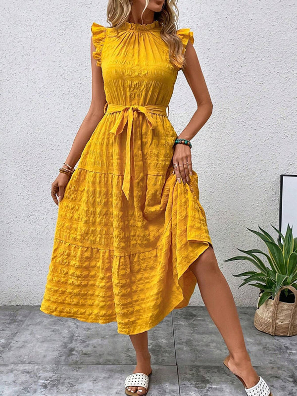 Ruffled Flying Sleeve Lace-up Textured Midi Dress-[Adult]-[Female]-Yellow-S-2022 Online Blue Zone Planet