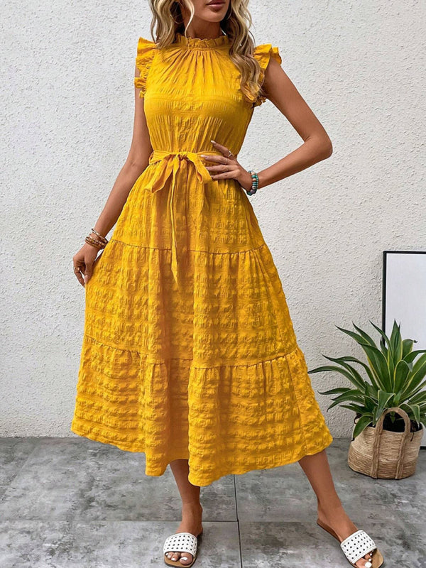 Ruffled Flying Sleeve Lace-up Textured Midi Dress-[Adult]-[Female]-2022 Online Blue Zone Planet