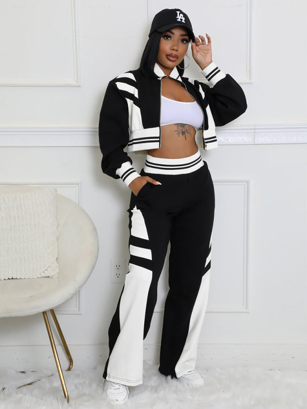 Color Block Stitching Contrast Wide Leg Flared Pants Two-Piece Set-[Adult]-[Female]-Black-S-2022 Online Blue Zone Planet