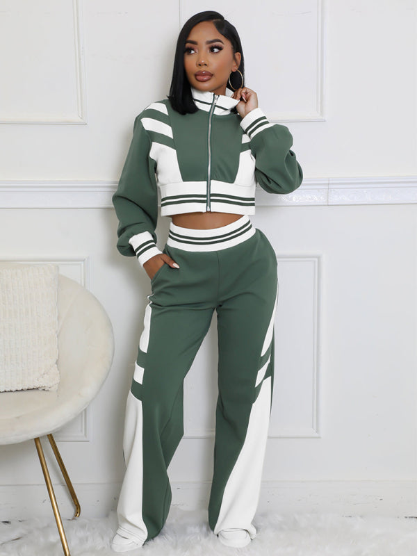 Color Block Stitching Contrast Wide Leg Flared Pants Two-Piece Set-[Adult]-[Female]-Green-S-2022 Online Blue Zone Planet