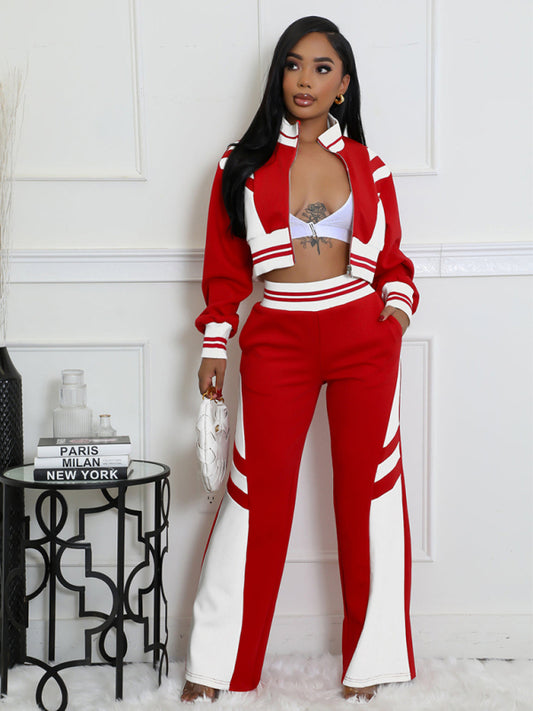 Color Block Stitching Contrast Wide Leg Flared Pants Two-Piece Set-[Adult]-[Female]-Red-S-2022 Online Blue Zone Planet