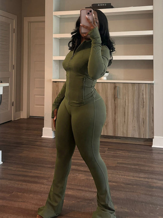 Sportswear for women Sexy tight-fitting long-sleeved, slightly flared two-piece suit-[Adult]-[Female]-Green black jasper-S-2022 Online Blue Zone Planet