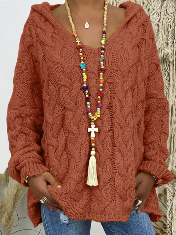 Blue Zone Planet | Women's long-sleeved hooded V-neck knitted loose pullover sweater (without necklace)-[Adult]-[Female]-2022 Online Blue Zone Planet