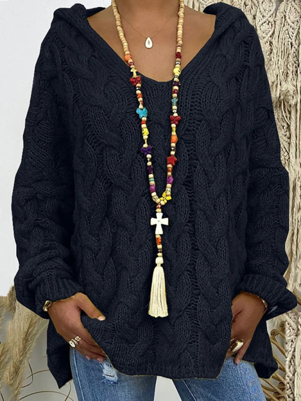 Blue Zone Planet | Women's long-sleeved hooded V-neck knitted loose pullover sweater (without necklace)-[Adult]-[Female]-2022 Online Blue Zone Planet