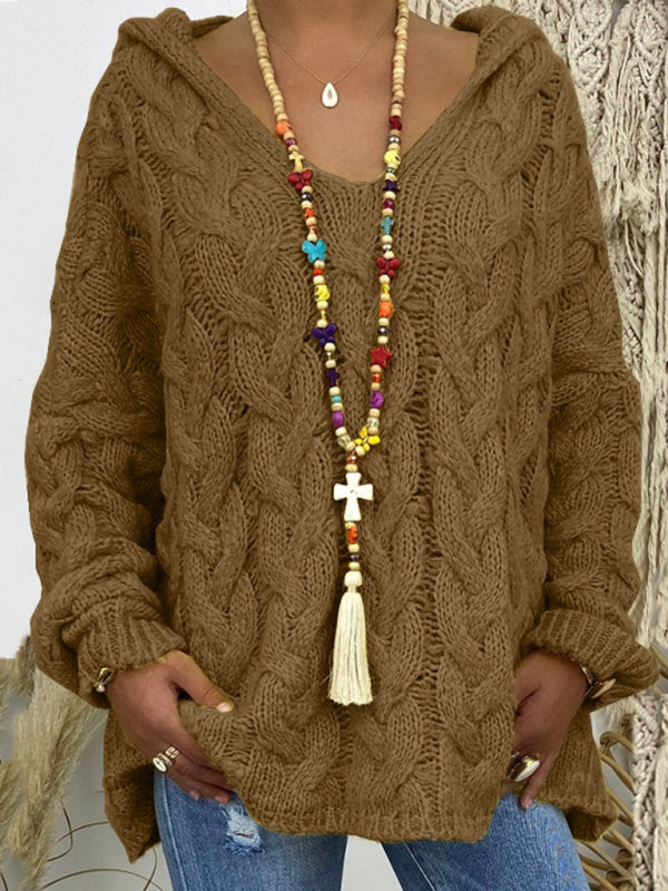Blue Zone Planet | Women's long-sleeved hooded V-neck knitted loose pullover sweater (without necklace)-[Adult]-[Female]-2022 Online Blue Zone Planet