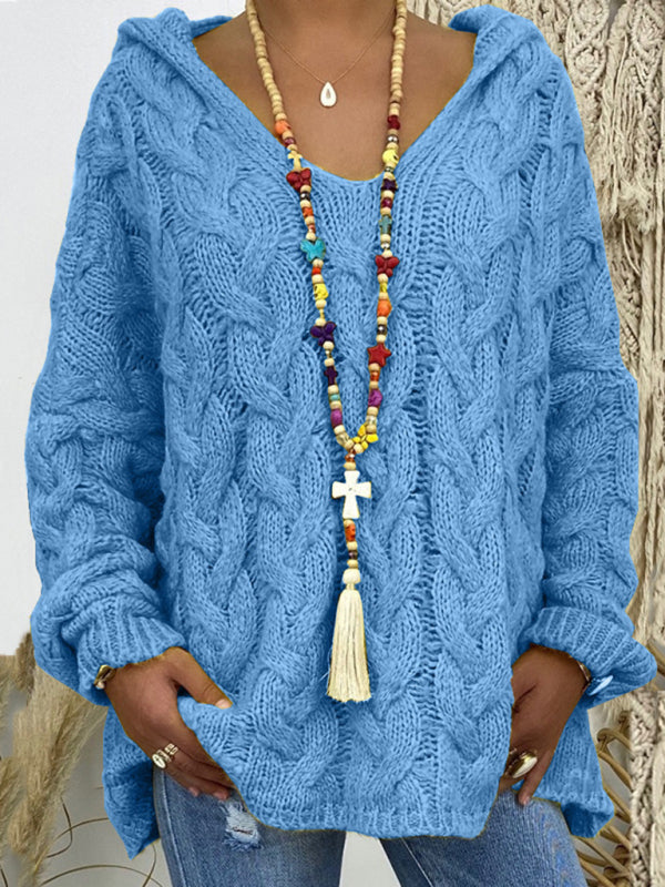 Blue Zone Planet | Women's long-sleeved hooded V-neck knitted loose pullover sweater (without necklace)-[Adult]-[Female]-2022 Online Blue Zone Planet