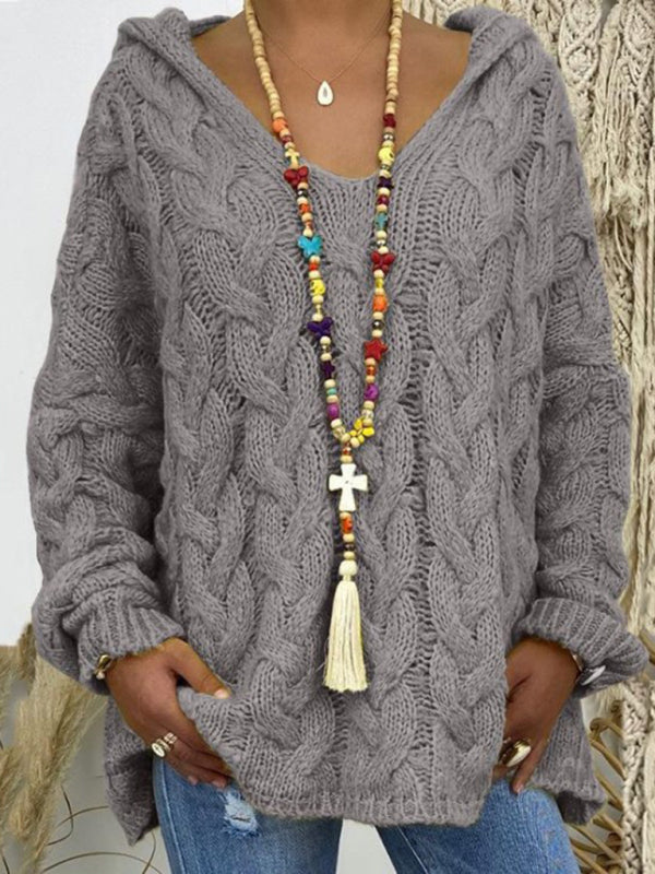 Blue Zone Planet | Women's long-sleeved hooded V-neck knitted loose pullover sweater (without necklace)-[Adult]-[Female]-2022 Online Blue Zone Planet