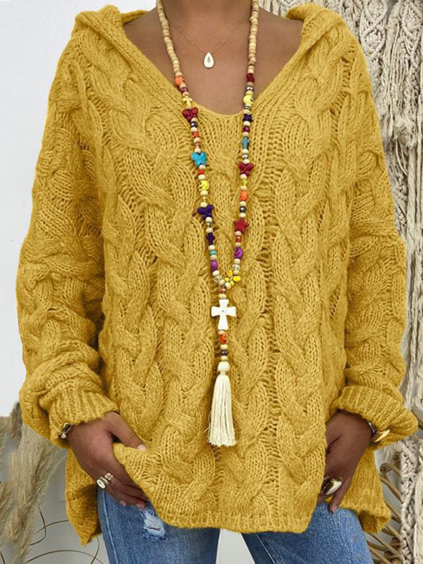 Blue Zone Planet | Women's long-sleeved hooded V-neck knitted loose pullover sweater (without necklace)-[Adult]-[Female]-2022 Online Blue Zone Planet