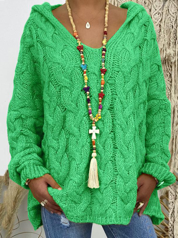 Blue Zone Planet | Women's long-sleeved hooded V-neck knitted loose pullover sweater (without necklace)-[Adult]-[Female]-2022 Online Blue Zone Planet