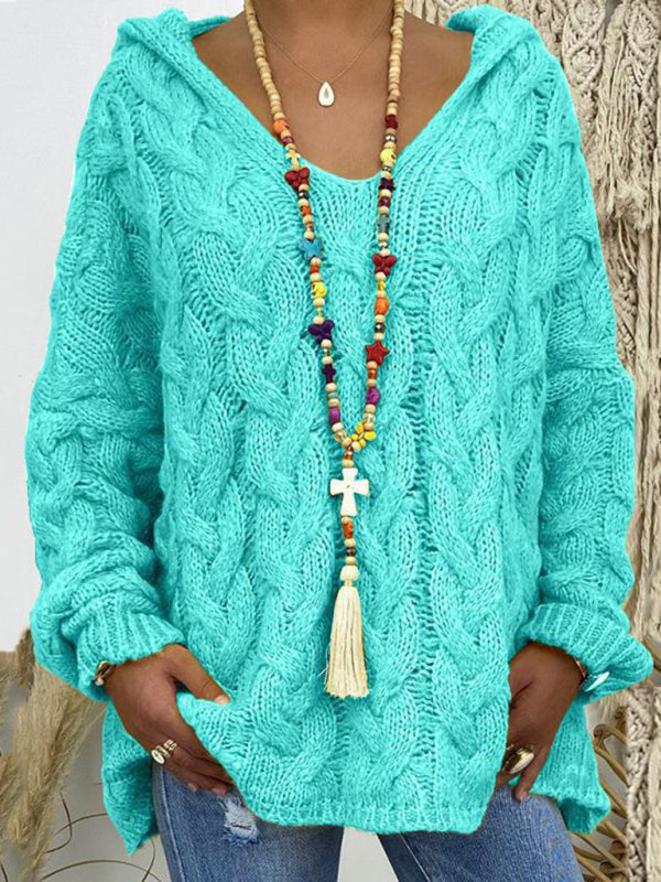 Blue Zone Planet | Women's long-sleeved hooded V-neck knitted loose pullover sweater (without necklace)-[Adult]-[Female]-2022 Online Blue Zone Planet