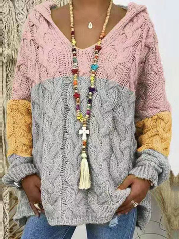 Blue Zone Planet | Women's long-sleeved hooded V-neck knitted loose pullover sweater (without necklace)-[Adult]-[Female]-2022 Online Blue Zone Planet