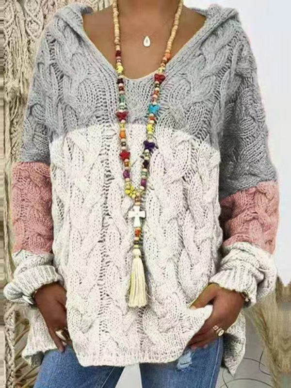 Blue Zone Planet | Women's long-sleeved hooded V-neck knitted loose pullover sweater (without necklace)-[Adult]-[Female]-2022 Online Blue Zone Planet
