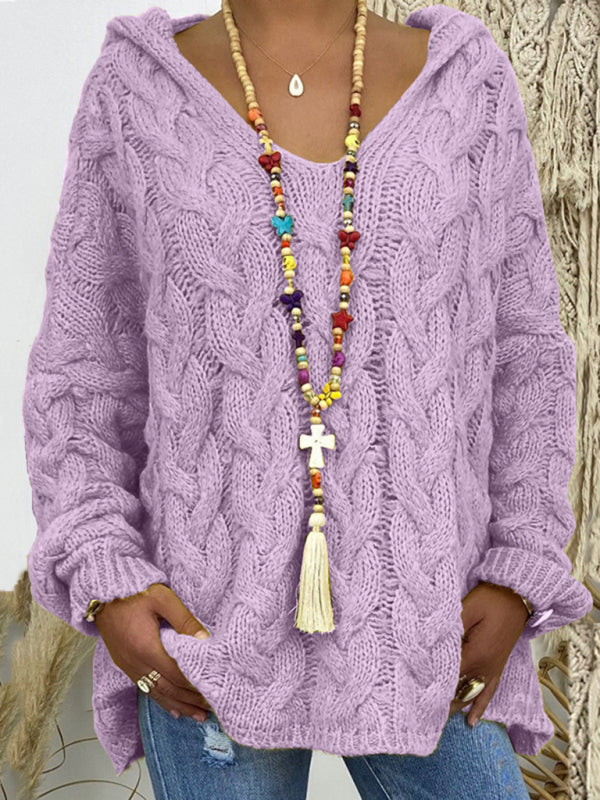 Blue Zone Planet | Women's long-sleeved hooded V-neck knitted loose pullover sweater (without necklace)-[Adult]-[Female]-2022 Online Blue Zone Planet