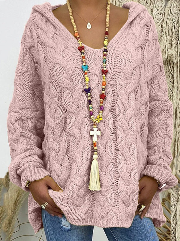 Blue Zone Planet | Women's long-sleeved hooded V-neck knitted loose pullover sweater (without necklace)-[Adult]-[Female]-2022 Online Blue Zone Planet