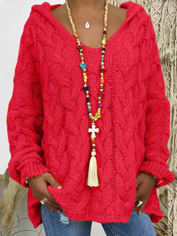 Blue Zone Planet | Women's long-sleeved hooded V-neck knitted loose pullover sweater (without necklace)-[Adult]-[Female]-2022 Online Blue Zone Planet