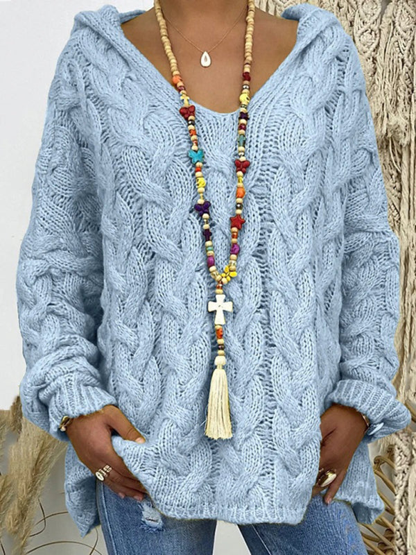 Blue Zone Planet | Women's long-sleeved hooded V-neck knitted loose pullover sweater (without necklace)-[Adult]-[Female]-2022 Online Blue Zone Planet