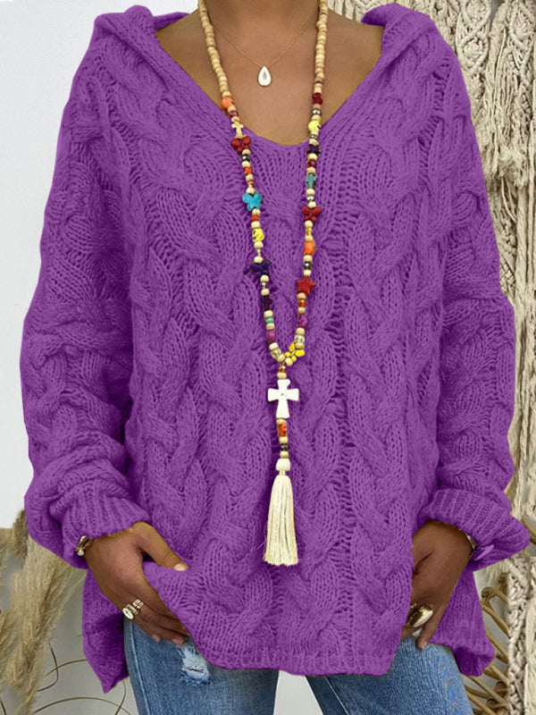 Blue Zone Planet | Women's long-sleeved hooded V-neck knitted loose pullover sweater (without necklace)-[Adult]-[Female]-2022 Online Blue Zone Planet