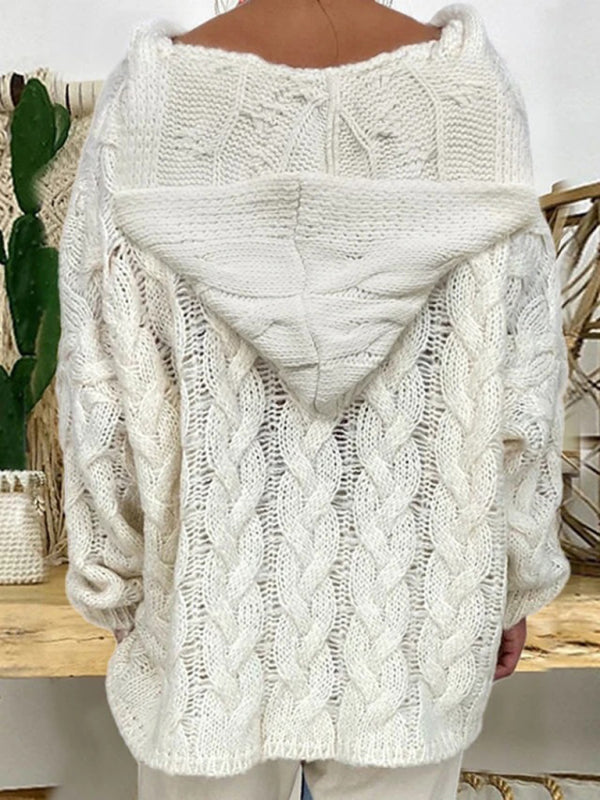 Blue Zone Planet | Women's long-sleeved hooded V-neck knitted loose pullover sweater (without necklace)-[Adult]-[Female]-2022 Online Blue Zone Planet