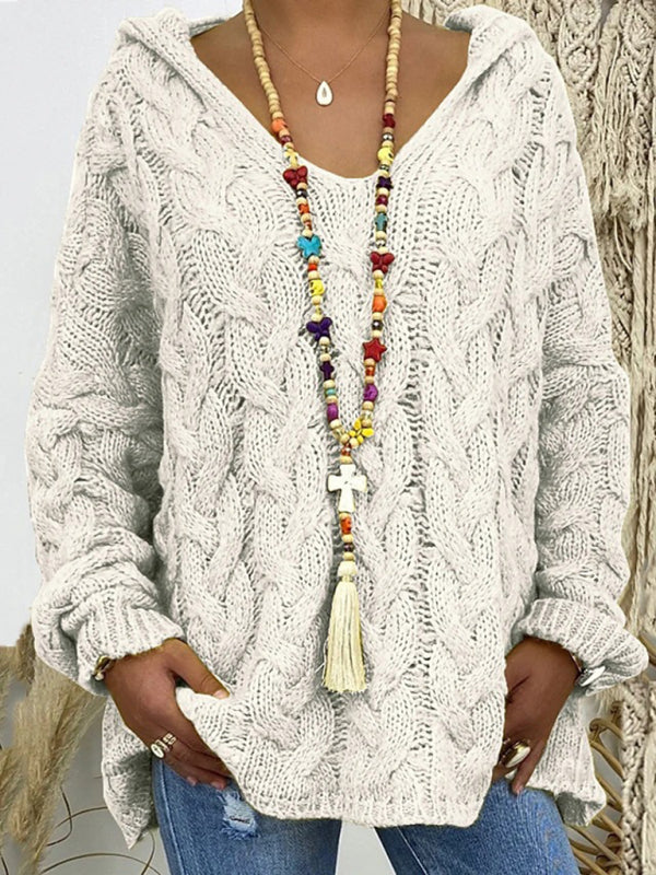 Blue Zone Planet | Women's long-sleeved hooded V-neck knitted loose pullover sweater (without necklace)-[Adult]-[Female]-2022 Online Blue Zone Planet